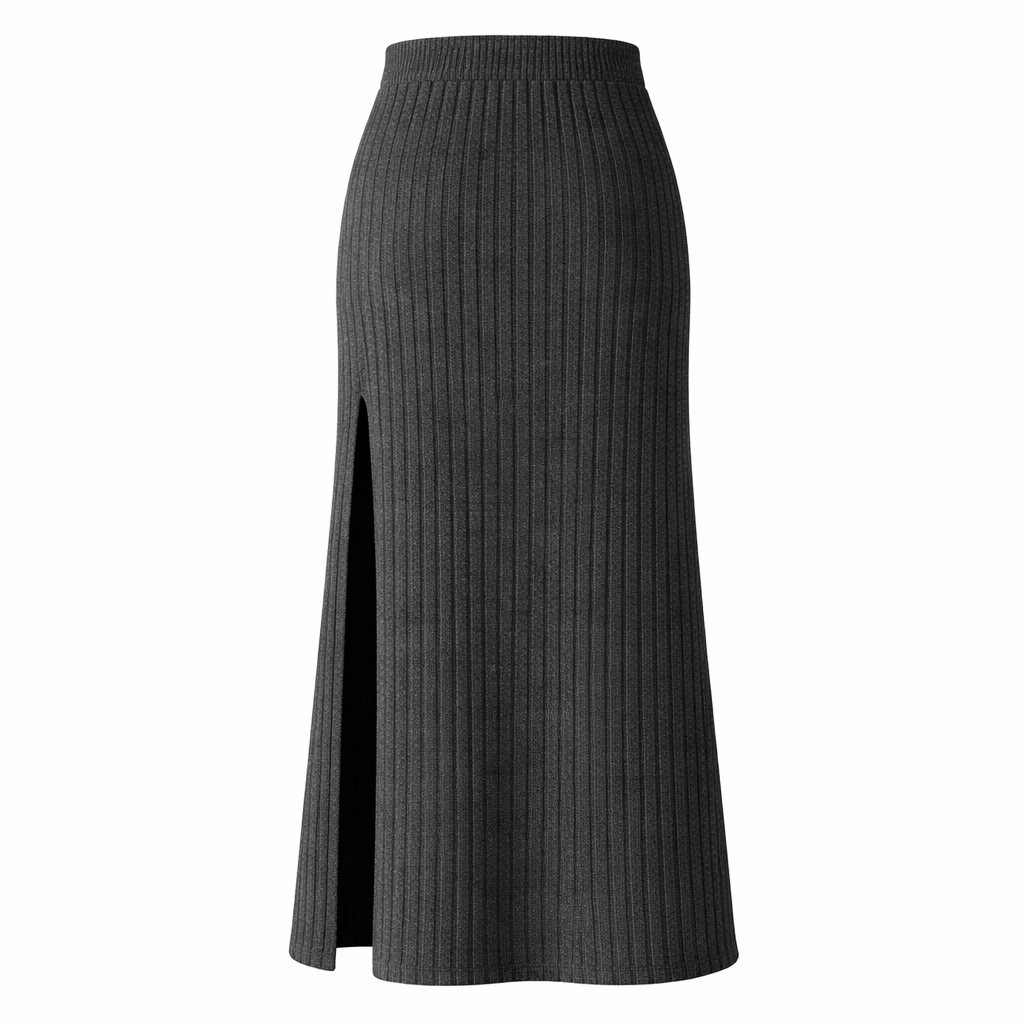 Elara - Falda Midi de Punto Acanalado de Cintura Alta con Abertura Lateral
