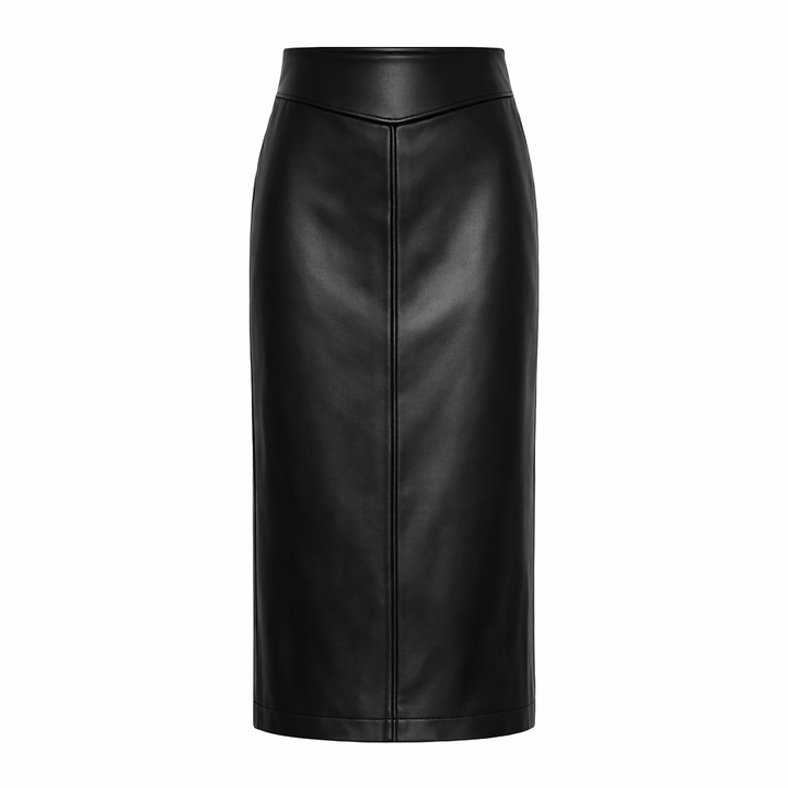 Selene - Falda Midi de Cuero PU de Cintura Alta con Abertura Lateral y Cremallera