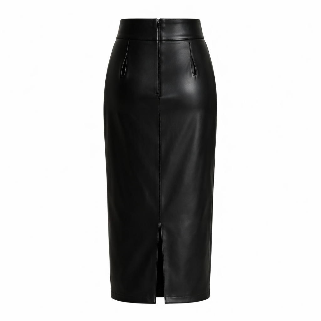 Selene - Falda Midi de Cuero PU de Cintura Alta con Abertura Lateral y Cremallera